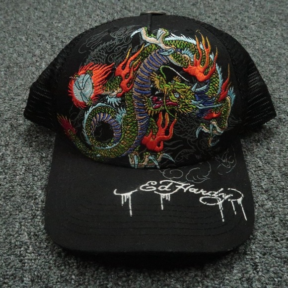 Ed Hardy Hat Adult Black One Size Snap Back Dragon‎ Flames Artwork Y2K 90s Mens